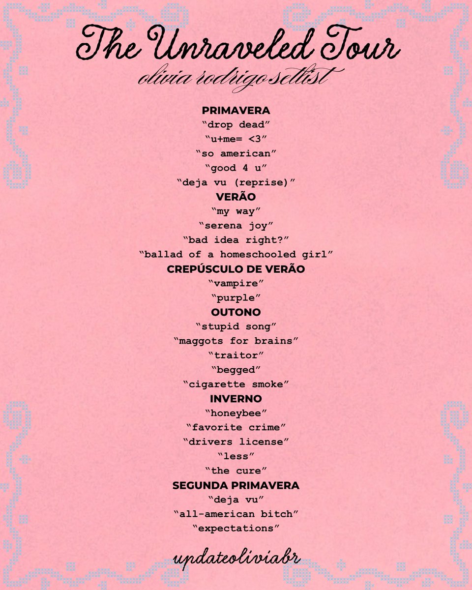 updateoliviabr's tweet photo. The Unraveled Tour — Olivia Rodrigo Setlist. 🩷💐 #UnraveledInHartford https://t.co/pW99gMVBXT