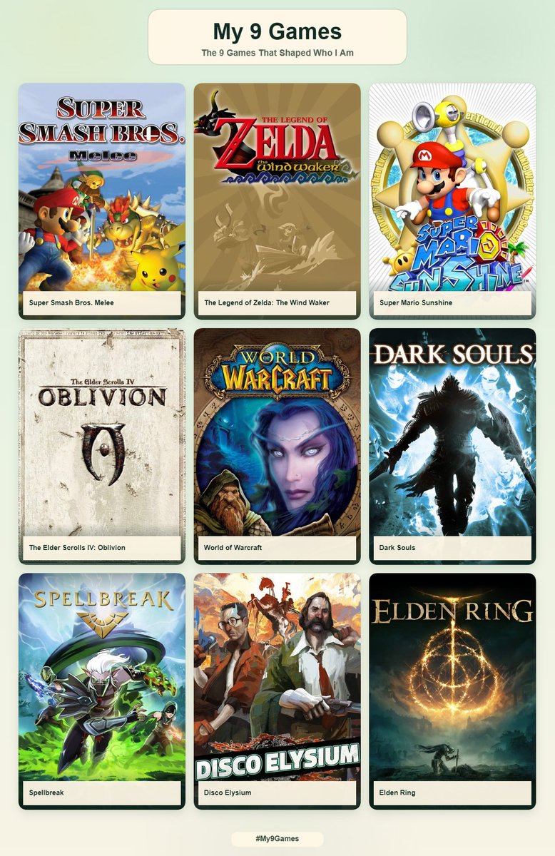 JamrockHobo's tweet photo. My big 9 games, in chronological order https://t.co/1eSfQfl0to