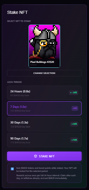 MUDNFTs_'s tweet photo. 🐾 MUDNFTs STAKING IS LIVE! 🔥

1️⃣ Visit https://t.co/HzZ7OZAJup
2️⃣ Click Portal → Enter MUDVERSE 
3️⃣ Connect your wallet 
4️⃣ Stake your Pixel Bulldog to earn $MUD 
5️⃣ Stake your $MUD tokens too!

Two ways to stake. One MUDVERSE. 💜🐾 https://t.co/CFu3rWgvrY