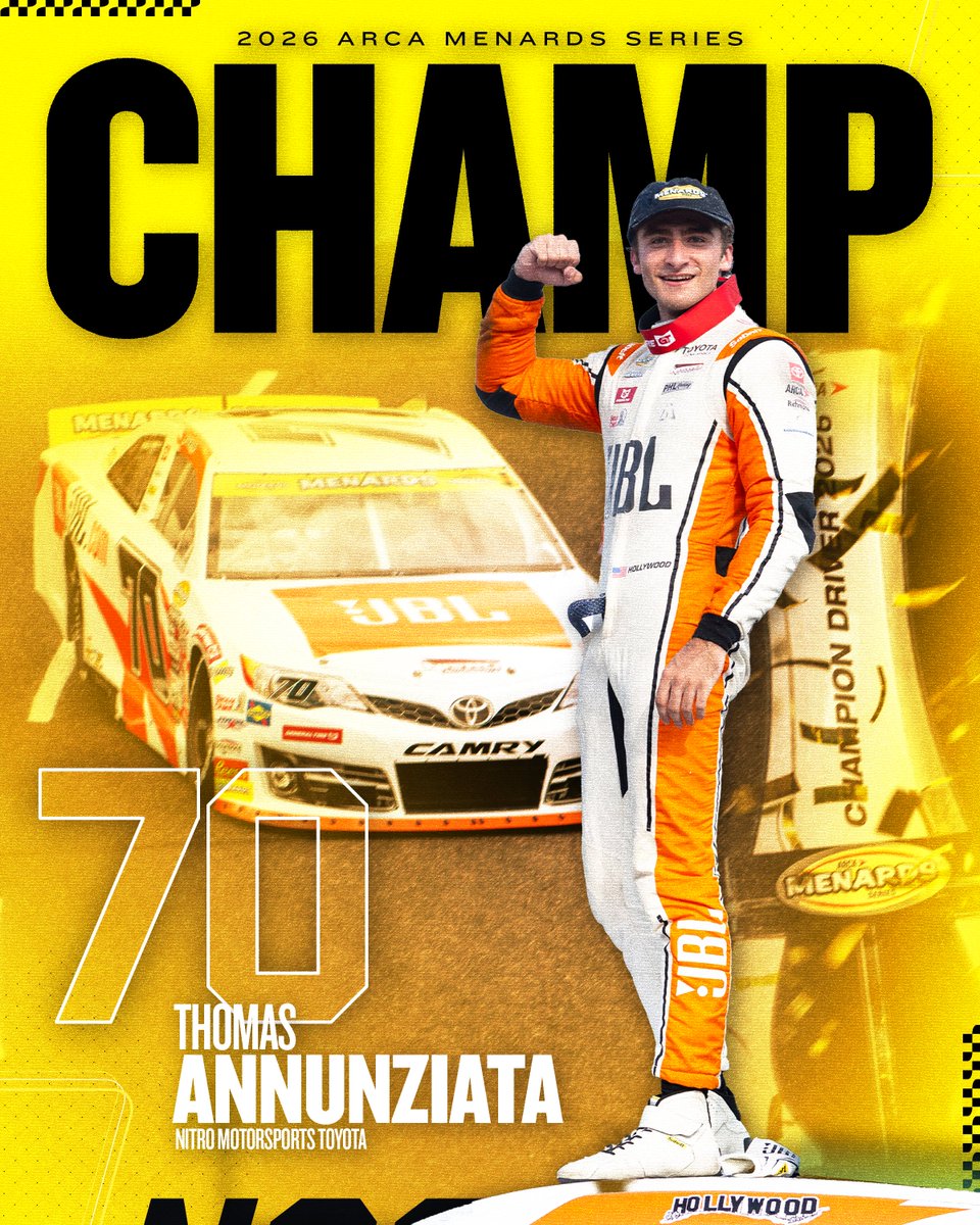 ARCA_Racing's tweet photo. Thomas Annunziata WINS the 2026 ARCA Menards Series championship! https://t.co/ZgXkDA938i