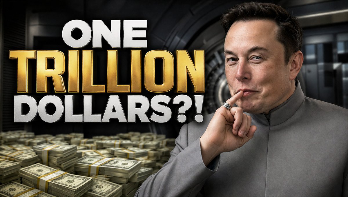 YouTube thumbnail featuring Elon Musk in a gray suit next to the text "ONE TRILLION DOLLARS?!" with stacks of cash and a vault in the background.