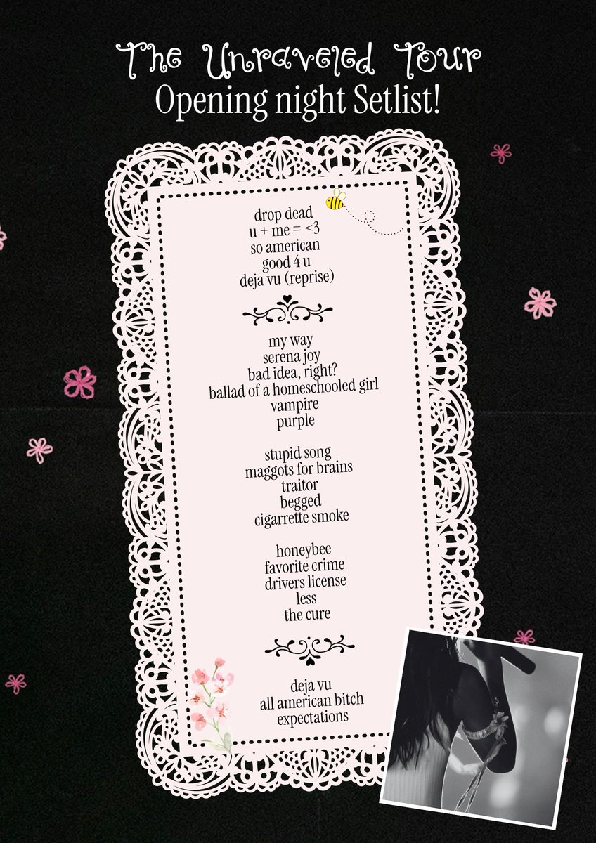 DailyRodrigo's tweet photo. Olivia takes us on a journey through spring, summer, fall, winter, ending up in spring once again with #TheUnraveledTour set list on opening night! 🌷 https://t.co/1cn2E1CBpz