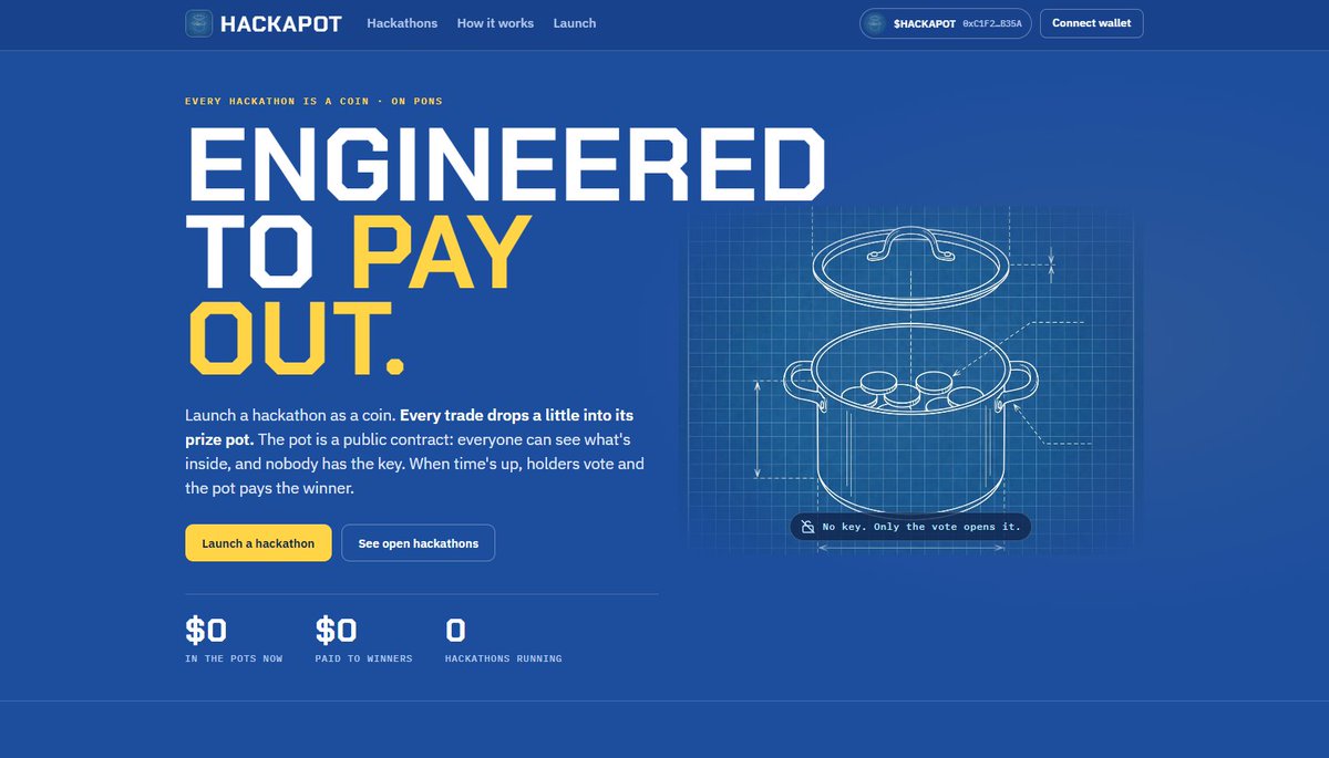 Hackapot's tweet photo. A launchpad for people who actually want to build something. 

With $HACKAPOT, a coin can become a hackathon with a growing prize pot. The best project takes it—and keeps earning after the win.

Engineered to pay out.

https://t.co/lPbj2sxaNu

0xc1f21ef116181bbf4418c131856579bf0bd3b35a