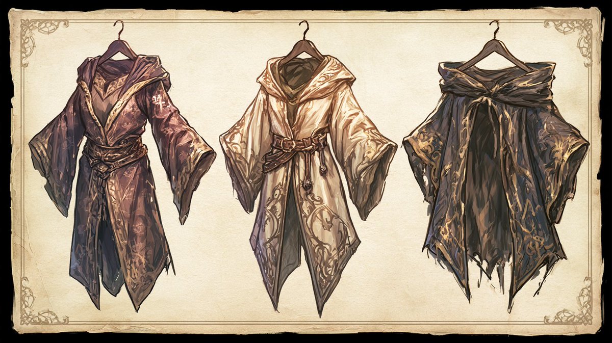 EnTrpg93077's tweet photo. 【Equipment Lore: Apprentice Mage Robes】
    Standard-issue attire worn by novice spellcasters. Lightweight and   unrestrictive, it serves as the essential baseline gear for any fledgling   mage embarking on their training.
    #TTRPG #TTRPGCommunity #IndieTTRPG #DarkFantasy https://t.co/myJFE8tlEF