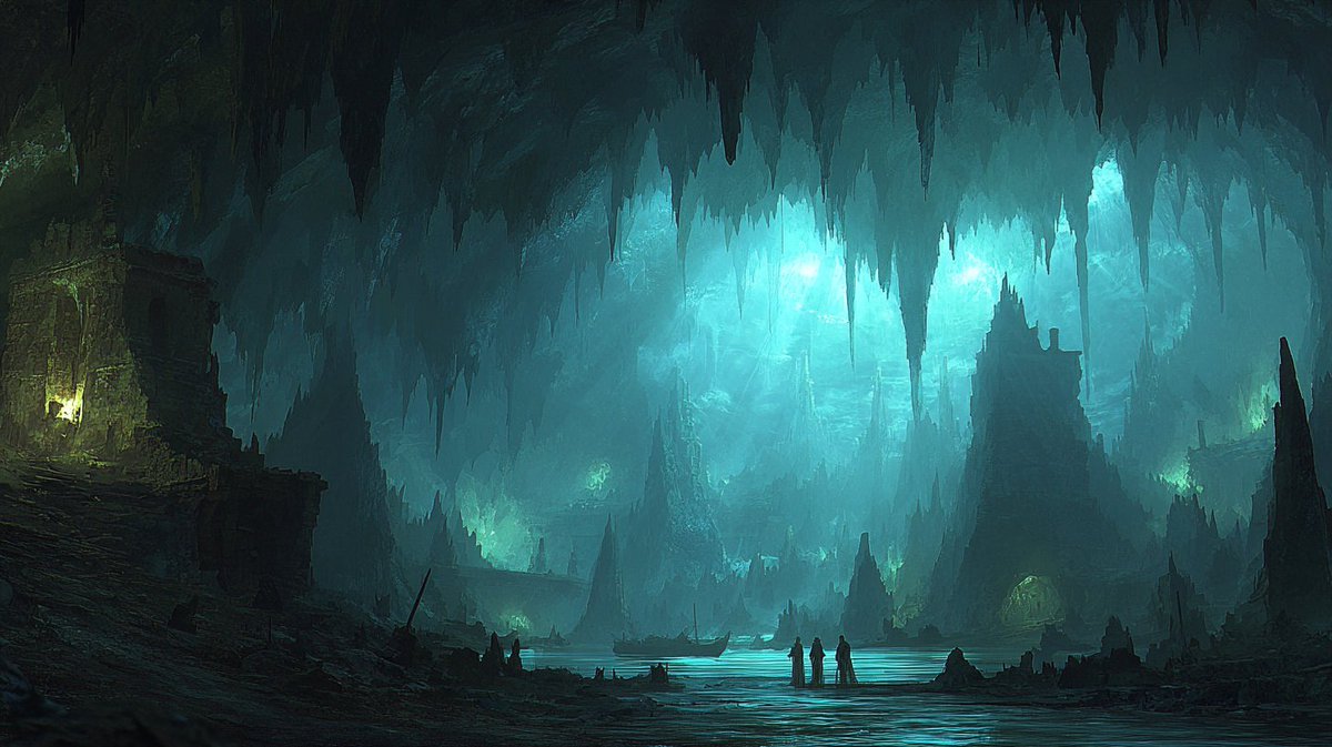 EnTrpg93077's tweet photo. 【Location: The Azure Tear Caverns】
    A subterranean cavern lined with glowing blue stalactites. Whispers among   explorers tell of a colossal beast dwelling deep within its subterranean   lake.
    #TTRPG #TTRPGCommunity #IndieTTRPG #DarkFantasy https://t.co/D9mqHXhJvm