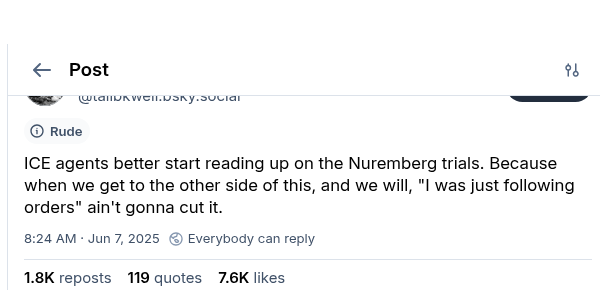 libs_talking's tweet photo. They're already naming ICE for Nuremberg again.

Talib Kweli. 7.6K likes. Screenshot from Bluesky. https://t.co/aSquWDrIwX
