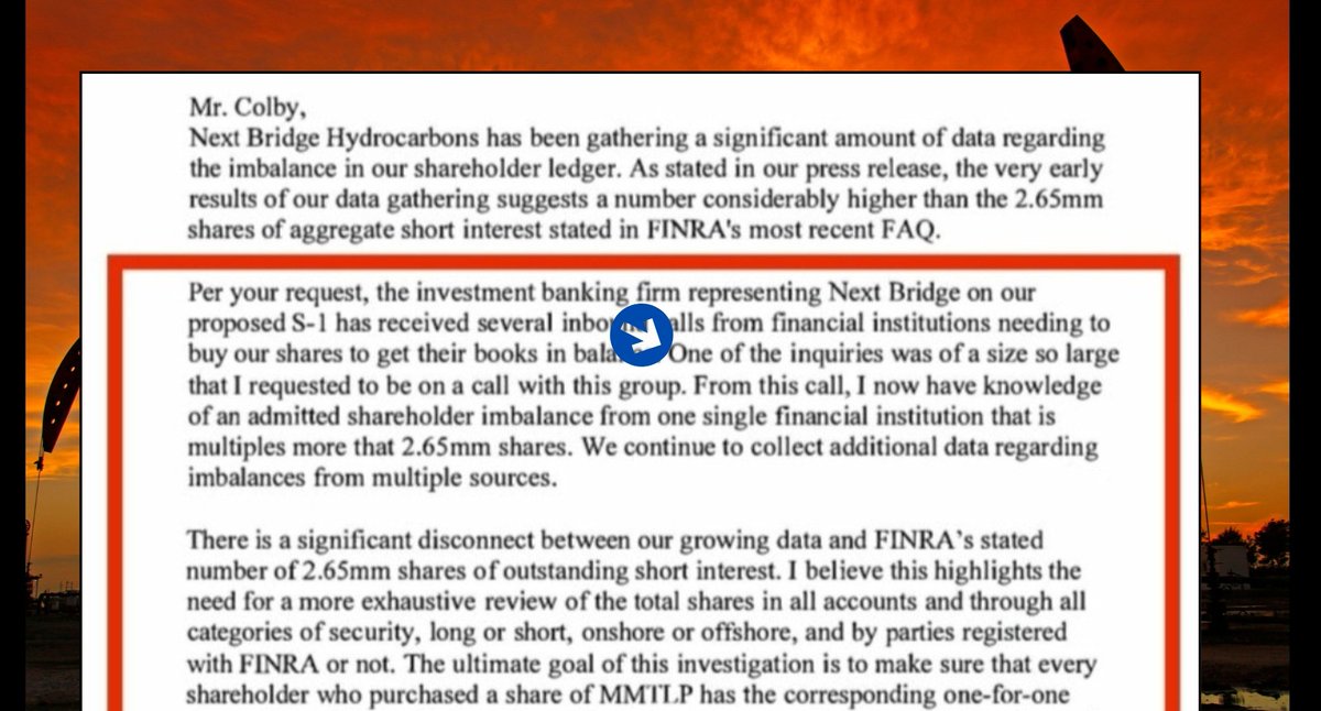 RareDealsHere's tweet photo. Why is investor protection optional when it comes to MMTLP?

Greg McCabe, CEO of Next Bridge Hydrocarbons recently told Lara Logan that Anson Funds requested 10M Next Bridge shares to reconcile their MMTLP short position.

Why is this a problem? 

It's a problem because FINRA claims there was only 2.65M in MMTLP short interest at the time of the halt.

The image shows that this information was already shared with the regulators but the @SECGov still refuses to meet with McCabe. Why? @TheJusticeDept 

Here's the full interview... 🔗https://t.co/jlKh5gP2gc
