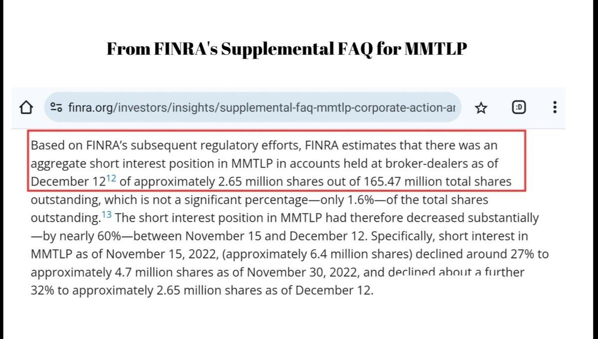 RareDealsHere's tweet photo. Why is investor protection optional when it comes to MMTLP?

Greg McCabe, CEO of Next Bridge Hydrocarbons recently told Lara Logan that Anson Funds requested 10M Next Bridge shares to reconcile their MMTLP short position.

Why is this a problem? 

It's a problem because FINRA claims there was only 2.65M in MMTLP short interest at the time of the halt.

The image shows that this information was already shared with the regulators but the @SECGov still refuses to meet with McCabe. Why? @TheJusticeDept 

Here's the full interview... 🔗https://t.co/jlKh5gP2gc