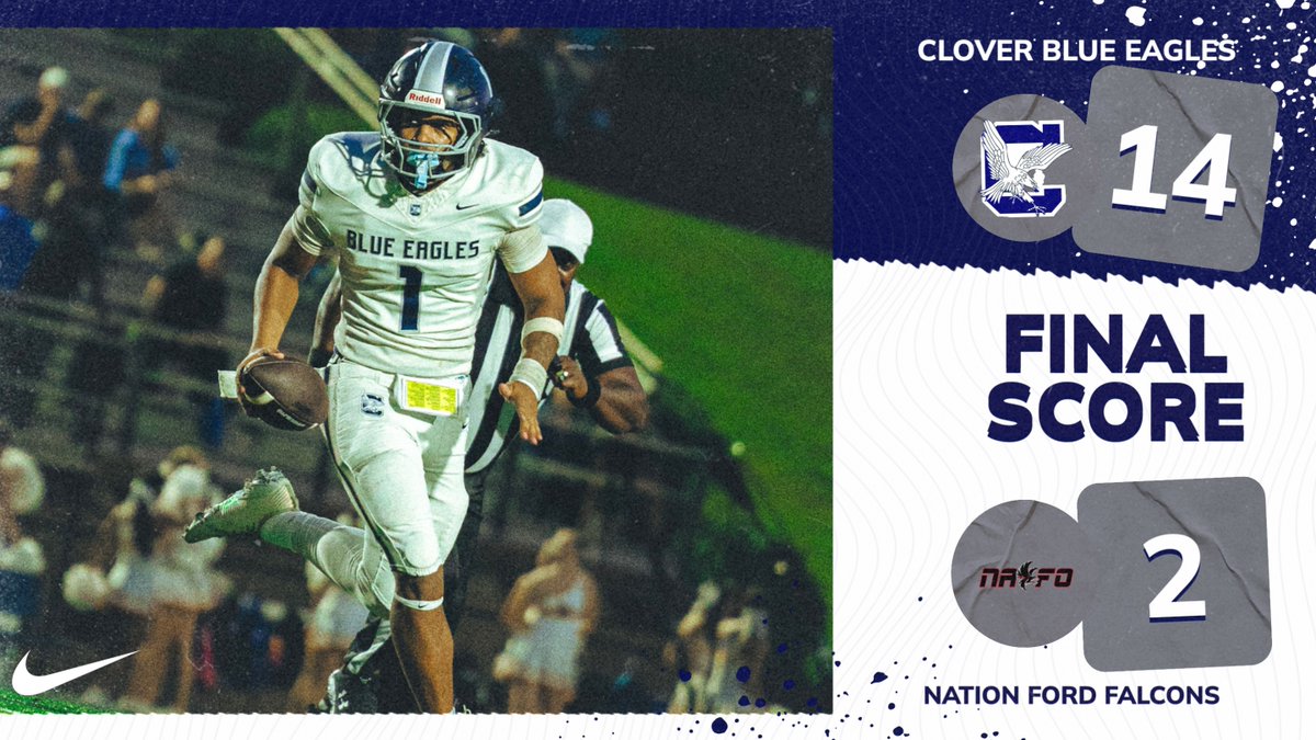 BlueEagleAD's tweet photo. Blue Eagles travel to Nation Ford and pick up the win in a defensive battle by a score of 14-2. Blue Eagles improve to 3-3 and will head to South Pointe next Friday night. #CloverAthletics #WeAreClover #TheCloverWay

@Clover_Football https://t.co/OK4WjcjG6g