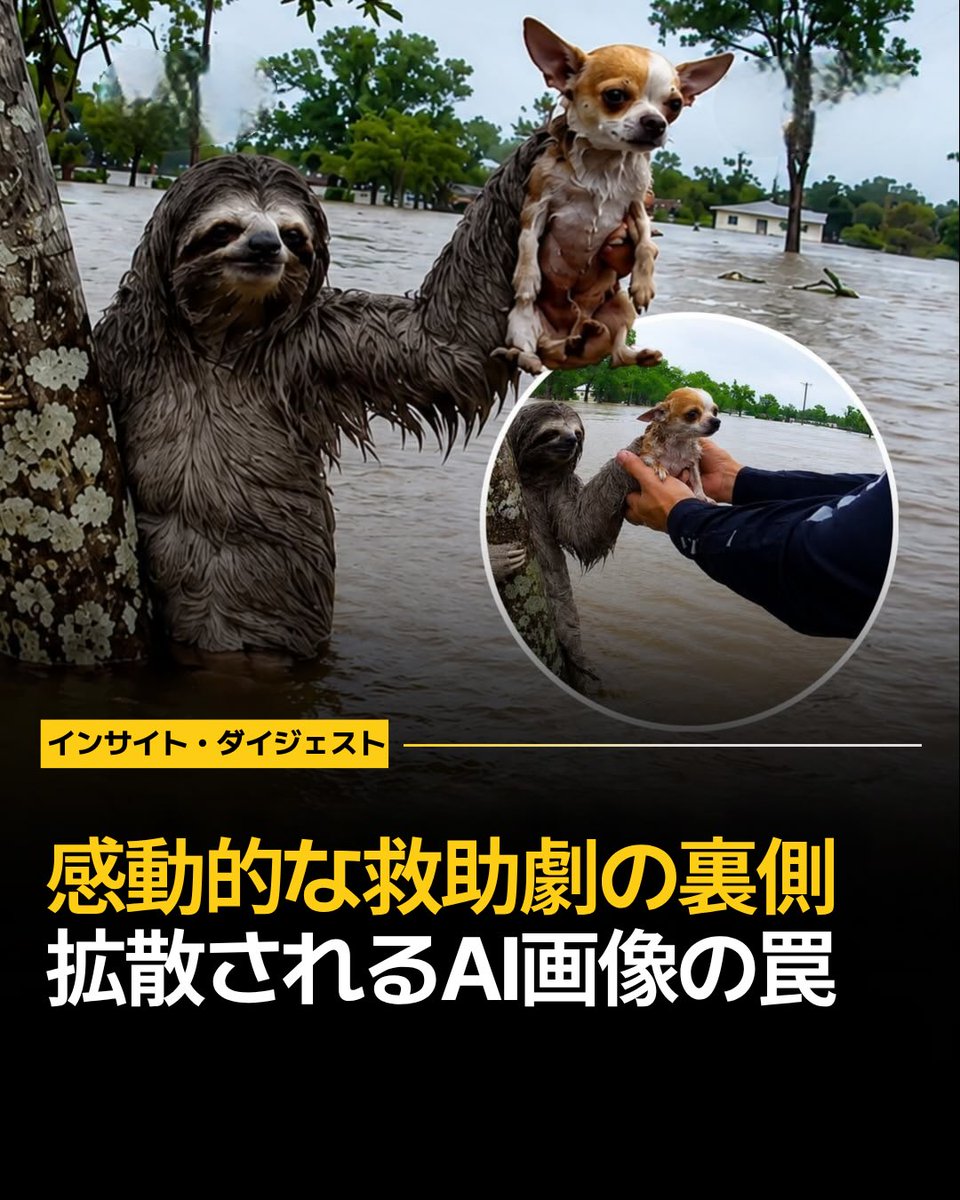 laylamartinezvy's tweet photo. AI-generated fake images, such as viral stories of sloths rescuing dogs, exploit emotions through biologically impossible scenes and fake police badges. These cases highlight the urgent need for fact-checking and media literacy to protect trust and https://t.co/cr9cTUo5k4