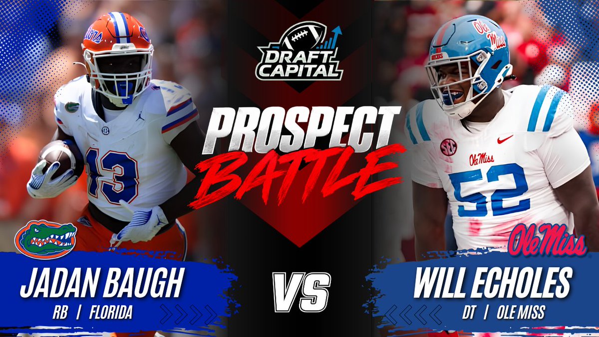 TheDraftCapital's tweet photo. 🥊NFL Draft Prospect Battle🥊

Florida RB Jadan Baugh vs Ole Miss DT Will Echoles

RB1 is averaging 146 yards per game and DT1 will do his best to bring that number down https://t.co/Pp5SYmHmiQ