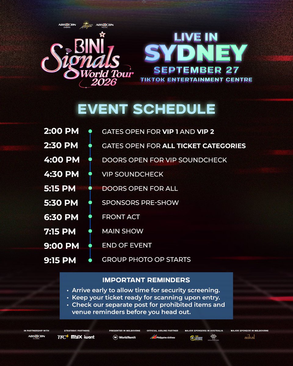 KapamilyaTFC's tweet photo. 🌸 SYDNEY, IT’S ALMOST TIME!

BINI takes over the TikTok Entertainment Centre on 27 September! Swipe through our event-day reminders so you’re ready for every moment of the SIGNALS World Tour.

Save this post, send it to your concert crew and come ready to answer the signal! 🇦🇺✨ https://t.co/tRcqf4HYX1