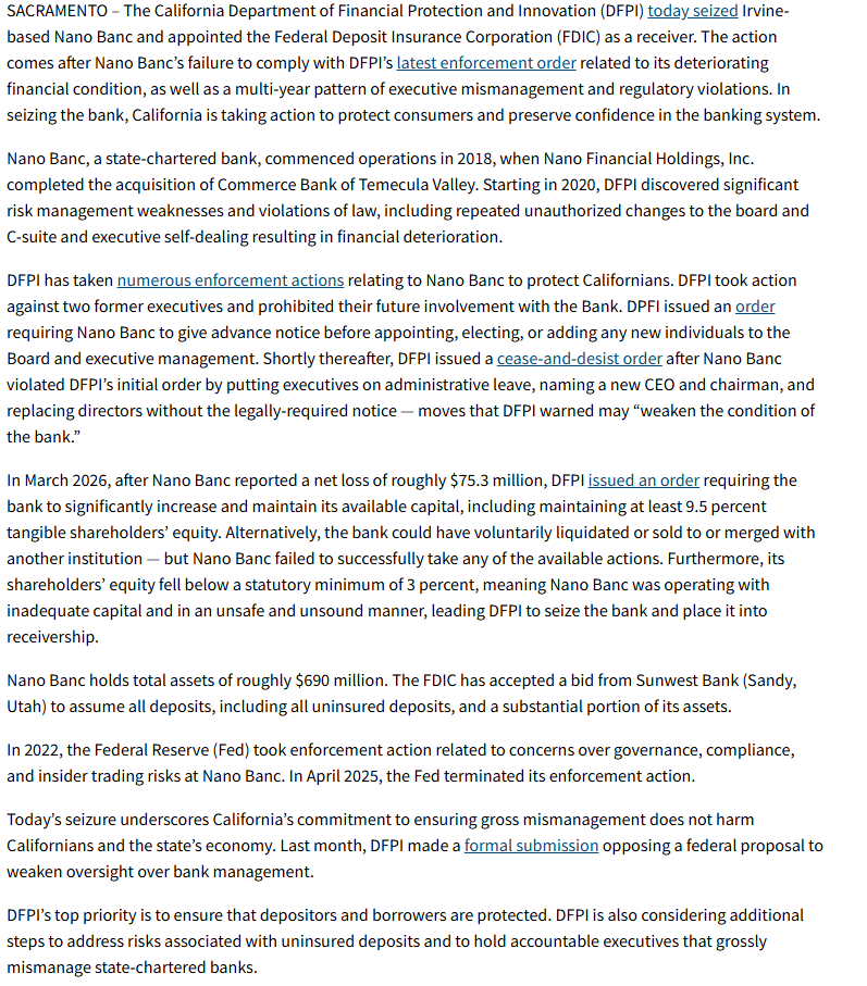 bank_reg's tweet photo. Many state regulators opt for a terse press release when they seize a bank. Fair to say today's California DFPI press release adopts a different approach. https://t.co/Q0ES9csZxr
Even adds in some criticism of the federal regulators' CAMELS ratings proposal (2nd last paragraph) https://t.co/xDdplwuNNw