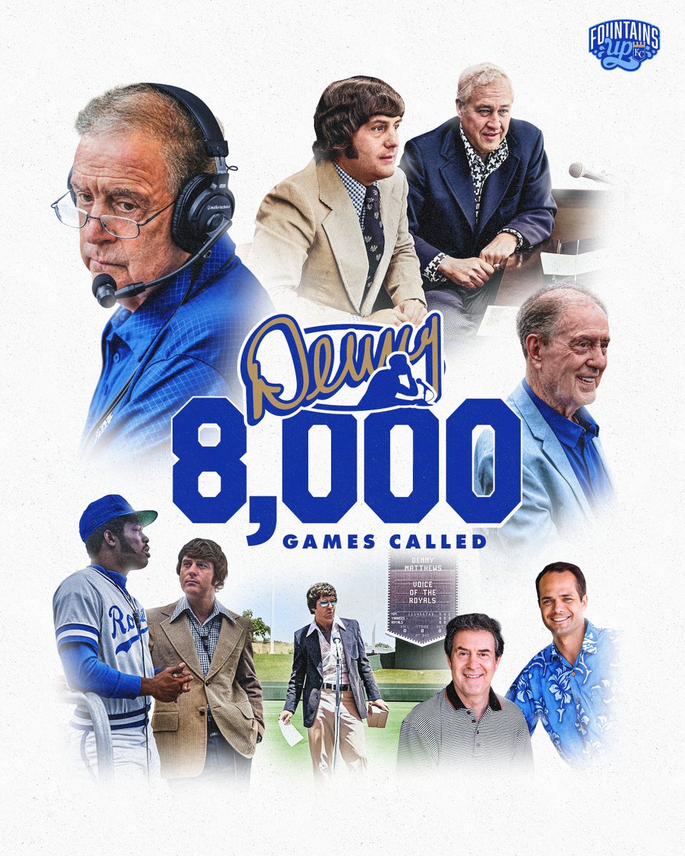 A graphic with images of Denny Matthews throught the years and his 8,000 Royals games called. Text on the graphic reads, "Denny, 8,000 games called."
