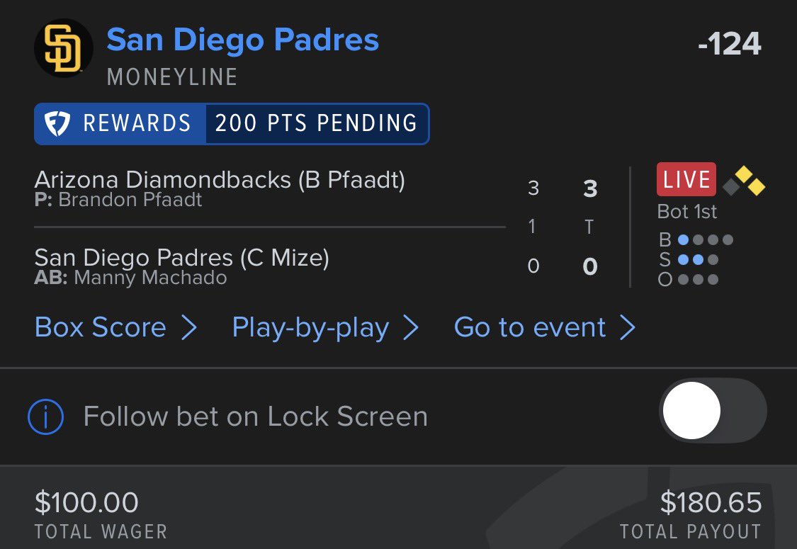 BogieTerp's tweet photo. Unfortunately, we didn’t hit 125 Likes/retweets. Thought I would post my third MLB bet for today. It was the Padres ML.  For transparency, here is the bet. Will be posting tennis bets shortly. https://t.co/x1iVNE85vZ