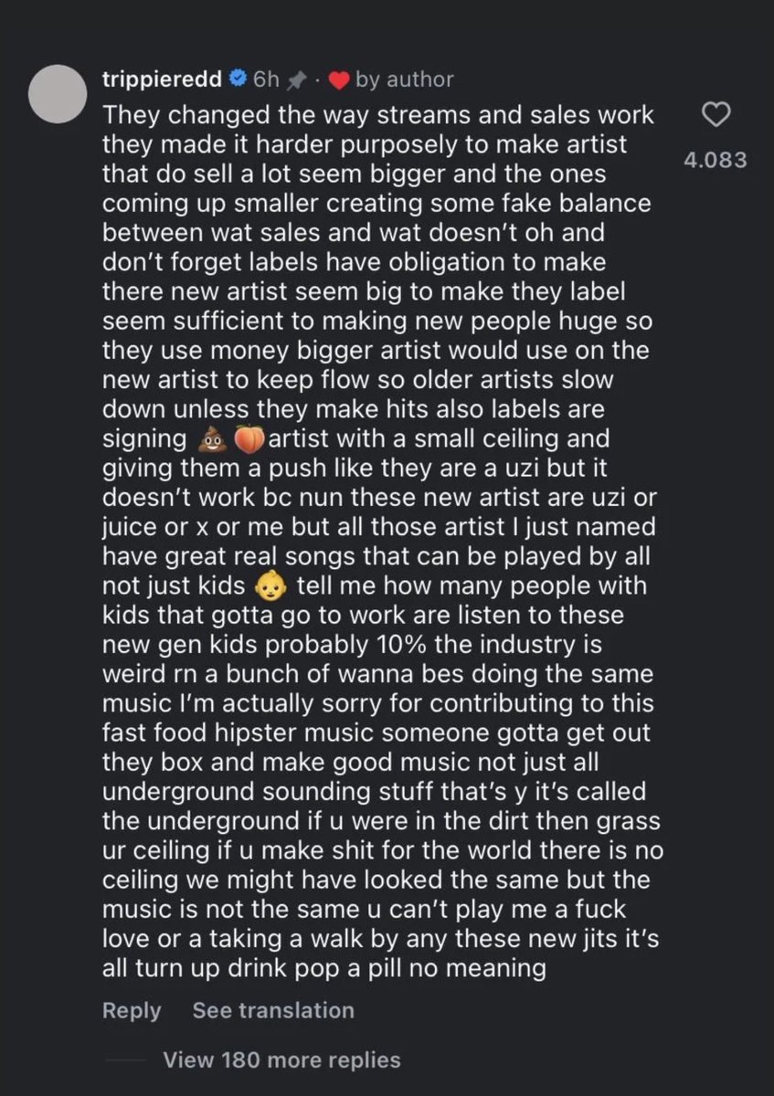 Kurrco's tweet photo. Trippie Redd shares his thoughts on why we don’t see breakout superstars like XXXTENTACION & Juice WRLD anymore 💭

“Labels are signing 💩🍑 artists with a small ceiling and giving them a push like they are a Uzi, but it doesn’t work because none of these new artists are Uzi or Juice or X or me. But all those artists I just named have great real songs that can be played by all, not just kids.”

“The industry is weird right now. A bunch of wannabes doing the same music. I’m actually sorry for contributing to this fast food hipster music… We might have looked the same, but the music is not the same. You can’t play me a ‘F*ck Love’ or a ‘Taking a Walk’ by any of these new jits. It’s all turn up, drink, pop a pill, no meaning.”