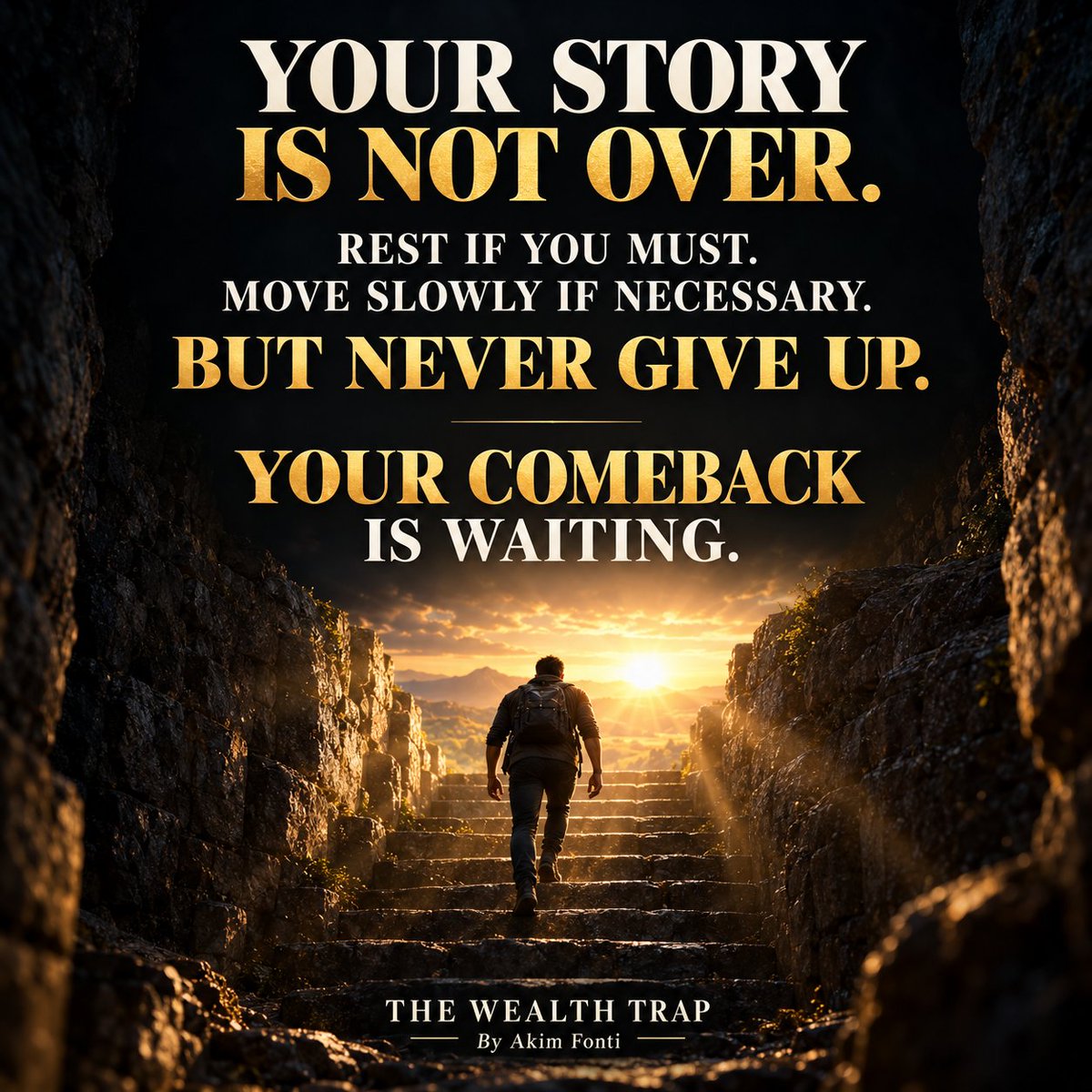 AkimFonti's tweet photo. YOUR COMEBACK WILL NOT BEGIN WHEN LIFE GETS EASIER.

It will begin the moment you decide that your pain will not control your future.

Maybe you are exhausted.

Maybe you have been disappointed so many times that hope feels dangerous.

Maybe nobody sees how hard you are fighting just to make it through another day.

But you are still here.

That matters.

You do not need to rebuild your entire life today.

Get out of bed.

Take the shower.

Make the call.

Finish the task.

Walk for ten minutes.

Do one thing that reminds you that you still have power.

Small steps may not look impressive—but they can carry you out of the darkest places.

Your current chapter is painful.

It is not permanent.

The person you are becoming is being built through every moment you refuse to surrender.

One day, the strength you are searching for will be the strength your story gives to someone else.

So rest when you must.

Move slowly if necessary.

But never declare your story finished while you are still breathing.

Your comeback is waiting.

Take the first step.

THE WEALTH TRAP
By Akim Fonti
#TheWealthTrap #YourComeback #NeverGiveUp #KeepMovingForward #Hope #MentalStrength #RiseAgain #Motivation #OneStepAtATime #AkimFonti