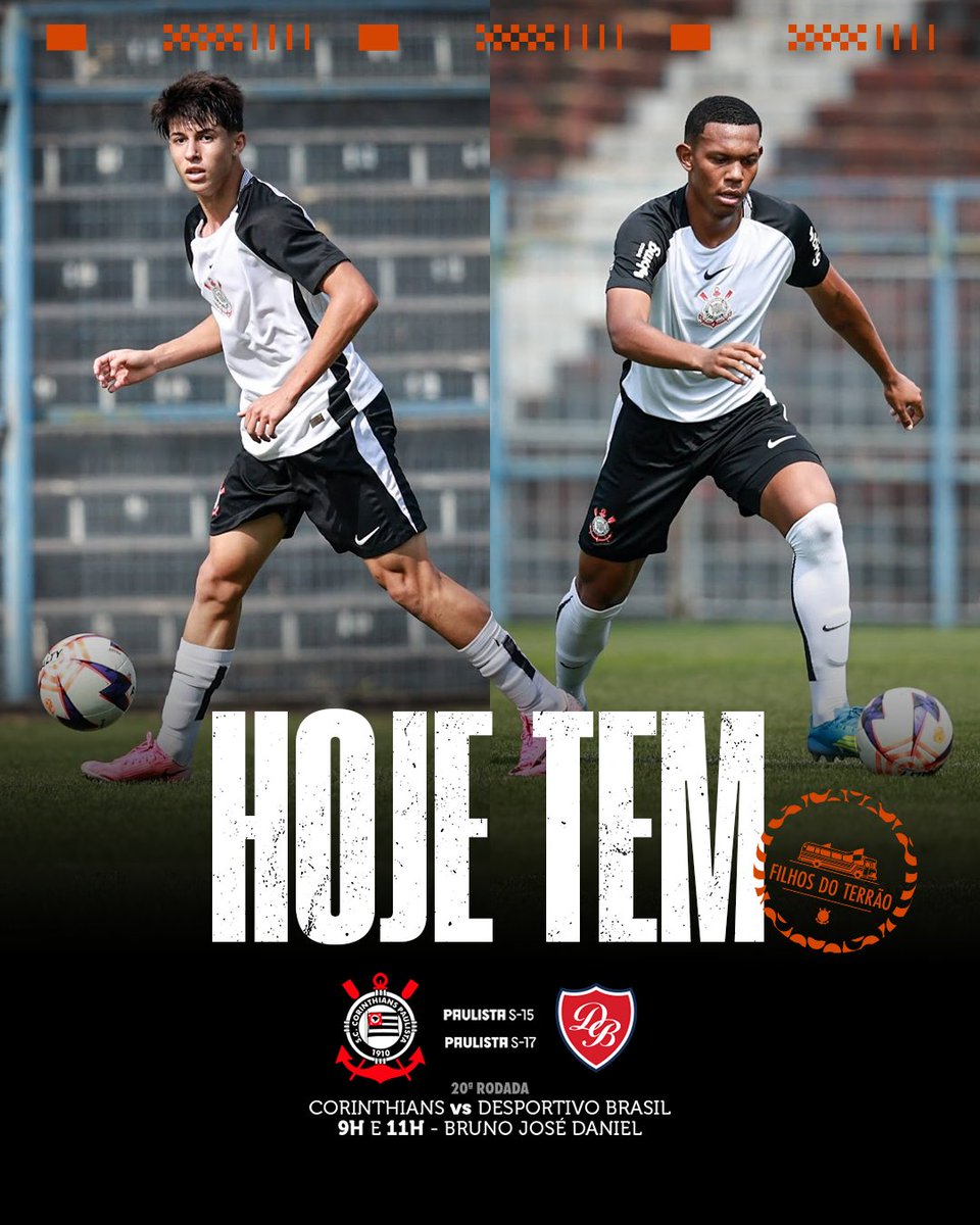 Corinthians's tweet photo. Hoje tem #FilhosDoTerrão Sub-15 e 17 em dose dupla na última rodada da fase de grupos do Paulistão das categorias! 🖤🤍

⚽️ Corinthians x Desportivo Brasil
🏆 Campeonato Paulista Sub-15 | Sub-17 (20ª rodada)
⏰️ 9h (Sub-15) | 11h (Sub-17)
🏟 Estádio Bruno José Daniel
📺 Sem transmissão
🎟 Entrada gratuita

#VaiCorinthians