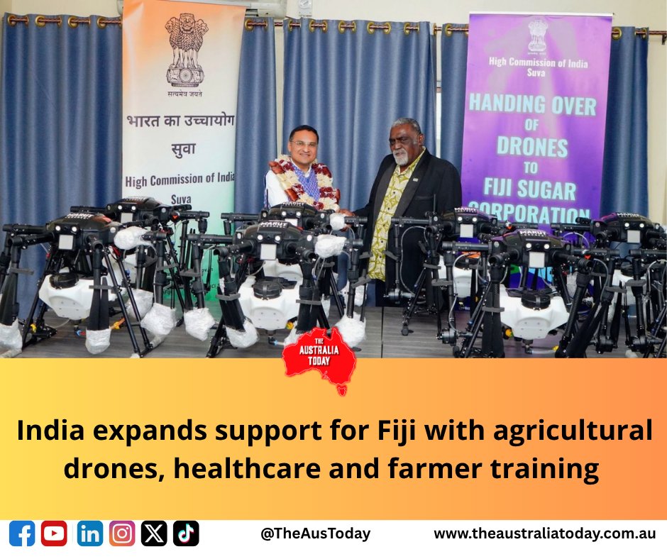 TheAusToday's tweet photo. India expands support for Fiji with agricultural drones, healthcare and farmer training 

Read more: https://t.co/p4e2CryIYG

The donation fulfils a commitment announced during Prime Minister Sitiveni Rabuka’s visit to India in August 2025 and forms part of India’s broader cooperation with Fiji in agriculture and the sugar sector. 

#IndiaFiji #Agriculture #Healthcare #Fiji #DevelopmentPartnership

@DrAmitSarwal @Pallavi_Aus @HCI_Suva @slrabuka @rishi_suri
