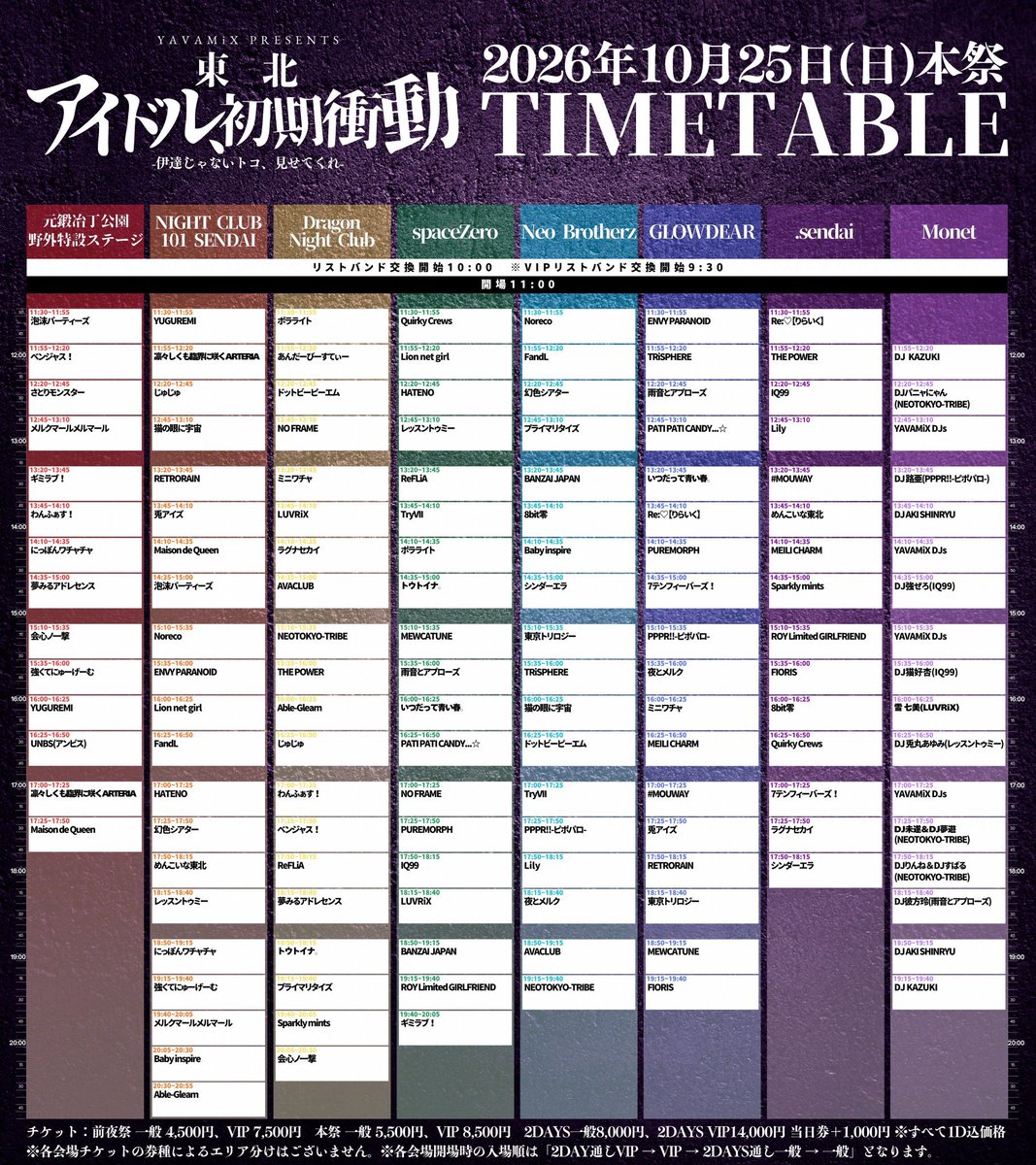 7tenfevers's tweet photo. 🎰タイムテーブル🎰

YAVAMiX presents 
東北アイドル初期衝動
-伊達じゃないトコ、見せてくれ-

2026年10月25日(日) 本祭

📍仙台市内全7会場

OPEN 11:00  START 11:30
リストバンド交換開始10:00
※VIPは9:30〜

🎤14:35-15:00
 📍 GLOWDEAR

🎤17:00-17:25
📍.sendai

一般 5,500円
VIP 8,500円

2DAYS(前夜祭+本祭)
一般8,000円
VIP14,000円

※すべて1D込価格

🎫チケット
https://t.co/RMMydDrSjU