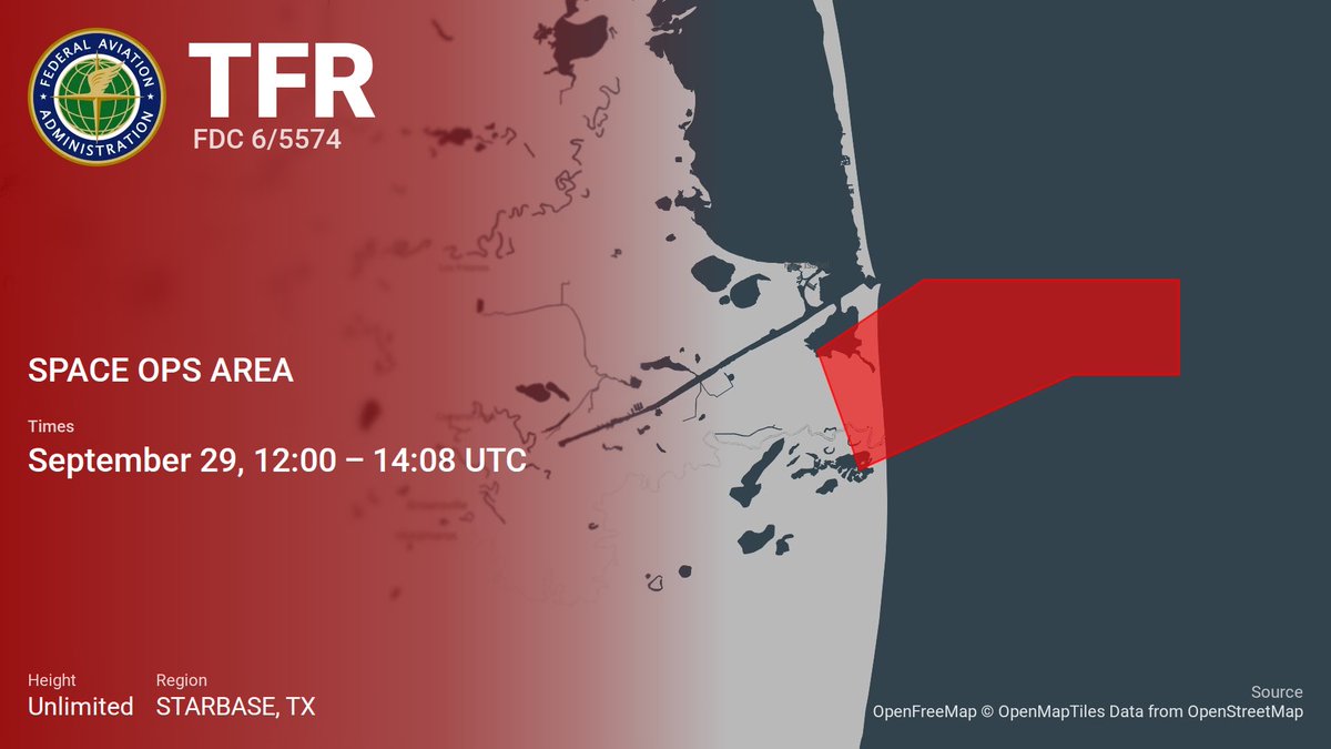 SpaceNotices's tweet photo. Temporary Flight Restrictions for Starship Flight 14 on September 28 with backups on September 29 and 30 have been published 

https://t.co/wwH39mrdgJ https://t.co/P4AnSliMlw