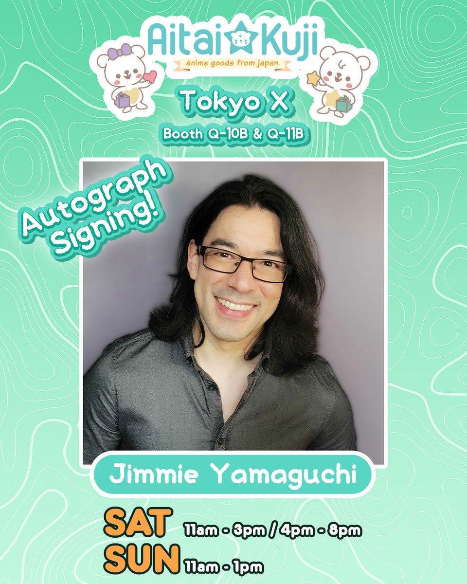 AitaiKuji's tweet photo. ✍️ Meet @JimmieYamaguchi tomorrow at Tokyo X! He’ll be at the Aitai☆Kuji booth Q-10B and Q-11B all weekend!

⭐ SAT: 11AM - 3PM, 4PM - 8PM
⭐ SUN: 11AM - 1PM

Be sure to grab one of his prints, have him sign a personal item, or take a Polaroid cheki with him! 📸

📆 September 26 + 27
📍 Reliant Center @ Houston, TX
🔗 https://t.co/FRhR5Mmiqg

#tokyox #toykyonightfest #aitaikuji #jimmieyamaguchi