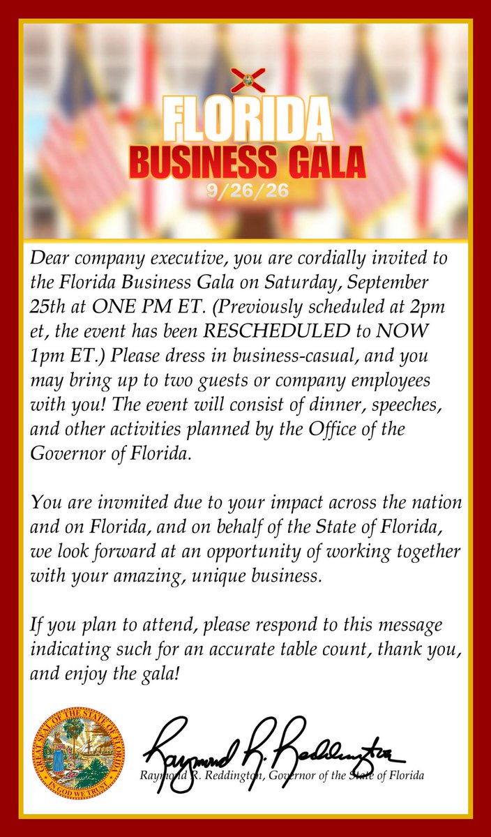 RaymondRedBUSA's tweet photo. All invitations have been SENT for tomorrows (rescheduled) Florida Business Gala at 1pm ET! ✉️ 

Even if you didn’t receive a direct invite, the public is invited to come as announcments made tomorrow may affect future entrepreneurs as well! https://t.co/KHaroHVtqL