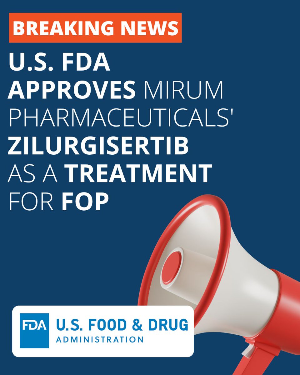 ifopa's tweet photo. 💡 Do you know what Atebrioz™ is? 
It is the brand name for Mirum's (@mirumpharma) drug zilurgisertib, which was approved today in the 🇺🇸 United States. 

Atebrioz is a once-daily oral ALK2 inhibitor approved to reduce the volume of total new heterotopic ossification in patients aged 12 years and older with FOP.

Atebrioz (zilurgisertib) is the third drug approved for FOP in the U.S.

As we announce this decision, we are deeply grateful to people living with FOP from around the world who participated in the Phase 2 PROGRESS trial of zilurgisertib 🙌

@Novartis originally developed zilurgisertib and then licensed it to @Incyte, which conducted the Phase 2 trial in adults and children ages 12 and up. Mirum announced they had licensed zilurgisertib in May 2026.

📌 Learn more and read Mirum’s press release: https://t.co/kYQAAjDV4m

Congratulations to the FOP community on this very special day! 💚💙 #DrugDevelopment #RareDisease