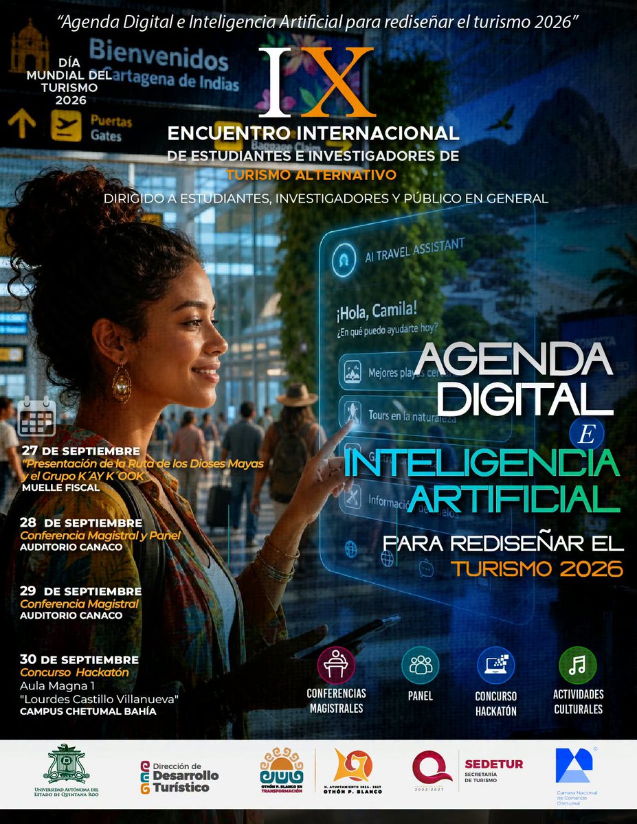 GobQuintanaRoo's tweet photo. 🌴 El turismo también se transforma con innovación, conocimiento y nuevas tecnologías.

En el marco del Día Mundial del Turismo 2026, #Chetumal será sede del IX Encuentro Internacional de Estudiantes e Investigadores de Turismo Alternativo... https://t.co/vL50nb4DcO