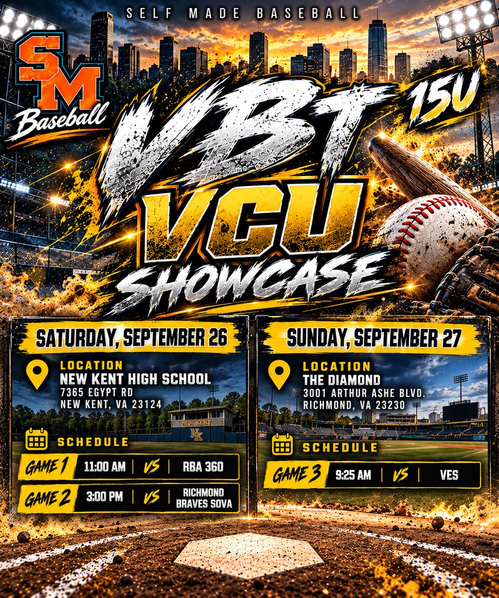 SM_Showcase's tweet photo. 🔥⚾️ SELF MADE 15U & 18U | VBT VCU SHOWCASE

Our 15U & 18U Showcase teams are back on the field this weekend competing in the VBT VCU Showcase!

Another opportunity to compete, develop and get in front of college coaches.

Go represent SELF MADE and take advantage of every opportunity! 💪⚾️

Character • Competition • Opportunity

#SelfMadeBaseball #VBT #VCUShowcase #ShowcaseBaseball
@vabaseballtourn @LongwoodBase @VCUBaseball