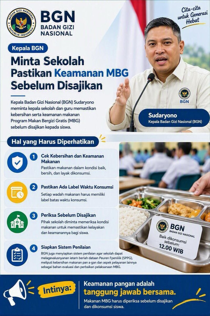 KarmanTejo's tweet photo. Kepala BGN minta sekolah pastikan keamanan MBG sebelum disajikan
#MakanBergiziGratis
#ManfaatMBG
#CegahStunting
#DukungMBG https://t.co/L4mi9WLmPR