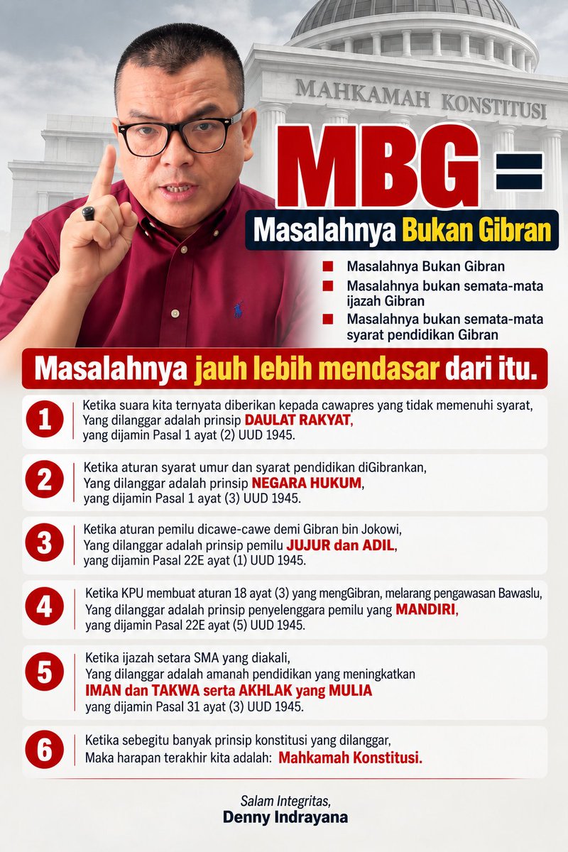 dennyindrayana's tweet photo. Denny Indrayana:
MBG = Masalahnya Bukan GIBRAN https://t.co/TIwqmPXCiM