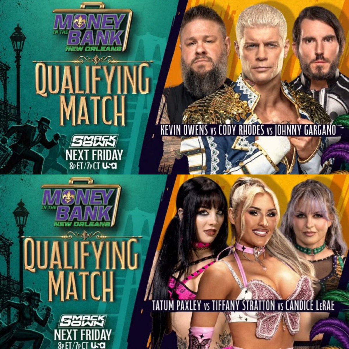 WrestleOps's tweet photo. Final 2026 Money in the Bank qualifying matches taking place next week:

Cody Rhodes vs. Kevin Owens vs. Johnny Gargano

Tatum Paxley vs. Tiffany Stratton vs. Candice LeRae https://t.co/IcxFqkypP4