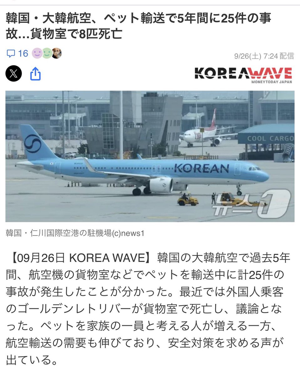 大韓航空、飛行機の貨物室で5年間に
ペット８匹死亡、25件の事故だって😱

飛行中って地上の約70〜80％程度の気圧になるとか聞いたし、ペットは飼い主もいなくて相当不安になるよね。
犬飼ってる友達が絶対に飛行機に預けたくないらしくこの前6時間運転してたけどなるほど😭 https://t.co/pqbk9LgKfb