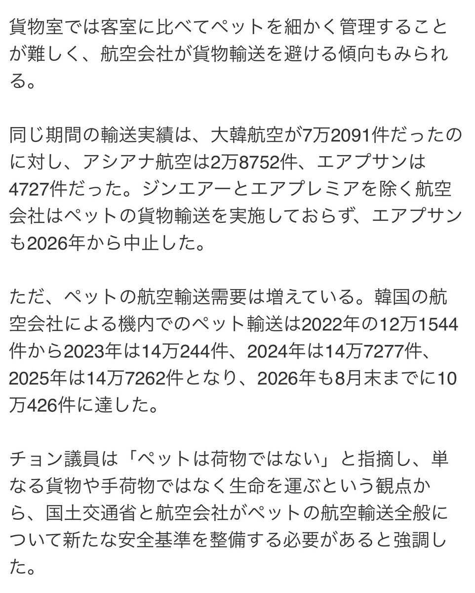 大韓航空、飛行機の貨物室で5年間に
ペット８匹死亡、25件の事故だって😱

飛行中って地上の約70〜80％程度の気圧になるとか聞いたし、ペットは飼い主もいなくて相当不安になるよね。
犬飼ってる友達が絶対に飛行機に預けたくないらしくこの前6時間運転してたけどなるほど😭 https://t.co/pqbk9LgKfb