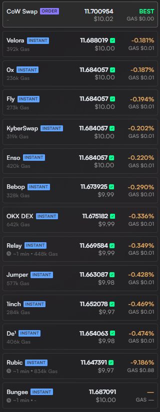 colincdl's tweet photo. I just tested a $10 USDC → AERO swap on Base with @namidefi OmniSwap. Seeing competing routes and gas estimates on one screen made it easier to pick a route. For small swaps I stick to Base; Ethereum mainnet fees are too expensive. https://t.co/amAGE7OLBO