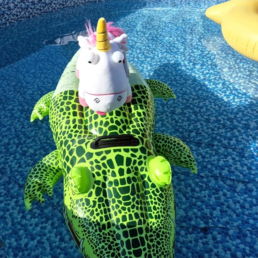 ALovrec's tweet photo. Just a girl and her unicorn. I never thought I’d find the Despicable Me unicorn plush, but a toy sale brought us together. We’ve been inseparable ever since. Here she is enjoying this glorious weather. https://t.co/EXUrlhxkRq