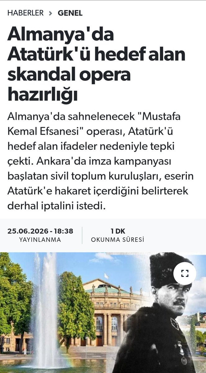 dailygurbetist's tweet photo. İşte arkadaşlar..Paradox meselesinde yaşanan olaylarda, 2027'de gerçekleştirilmesi beklenen ve Türkiye Cumhuriyeti'nin kurucusu Gazi Mustafa Kemal Atatürk'ü soykırımcı olarak göstermek isteyen Staatsoper Stuttgart'ın hazırladığı skandal "Atatürk Efsanesi" organizasyonu durdurulmadı. 

Her ne kadar Almanya'daki 30 Türk derneği (12punto haberine bakabilirsiniz) ortak bildiri yayımlasa, 3 gazete, 2 siyasetçi, 1 avukat, 1 kadın derneği ve bir dijital haber sayfası bunu duyursa da organizasyon engellenmedi.

Ne Ermeni ne de Pontus soykırımı yapıldı. Birçok yabancı uzman bu olmayan Ermeni soykırım hakkında (Bruce Fein, Justin McCarthy, Günter Lewy, Stanford Shaw, Heath W. Lowry) da bunu belirterek Ermeni soykırım meselesinin balon olduğunu yayınladıkları kitaplarda ve yaptıkları açıklamalarda belirttiler.

Ayrıca sözde Pontus meselesiyle ilgili olarak Lozan Antlaşması'nın 59. maddesinde şu ifade yer alır:

«"Yunanistan, Yunan ordusunun veya Yunan yönetiminin Anadolu'da savaş yasalarına aykırı olarak işlediği eylemlerden kaynaklanan zararları tazmin etme yükümlülüğünü kabul eder."»

Yani Yunanistan, Lozan Antlaşması'nı imzalayarak Anadolu'da savaş sırasında işlenen hukuka aykırı eylemlerden doğan sorumluluğu kabul etmiştir.

Bugün bir oyun üzerinden Atatürk'e ve Türk milletine iftira atılır; yarın bir opera gösterisi üzerinden yapılır. İleride belki başka alanlarda da ırkçı davranışlar sergilenebilir.

Bu olaya sessiz kalmayalım. Yayalım ve Paradox meselesinde yaşananlardan ders çıkaralım!

Lütfen bunu yayalım arkadaşlar !!! Herkese ulaşsın !

#Stuttgart #Opera #Atatürk #ParadoxRespectAtatürk