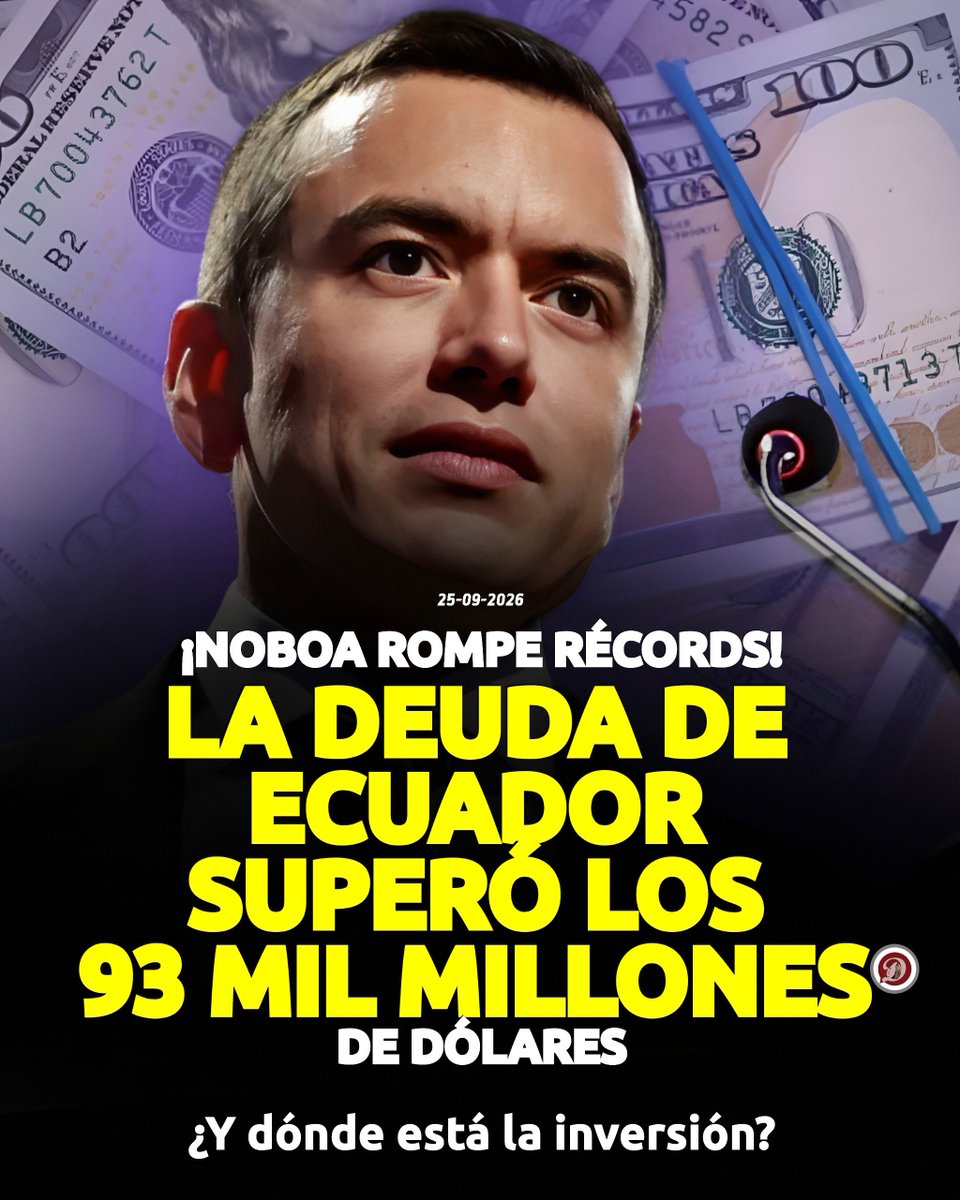 RadioDinamicaE's tweet photo. #ECUADOR || 🇪🇨🔥🚨 ¡MÁXIMO HISTÓRICO DE DEUDA PÚBLICA! Cifras oficiales confirman que la deuda de Ecuador superó los USD 93.000 millones.

Detalles
https://t.co/VJktgs6JyF https://t.co/MQDeHm4TJb