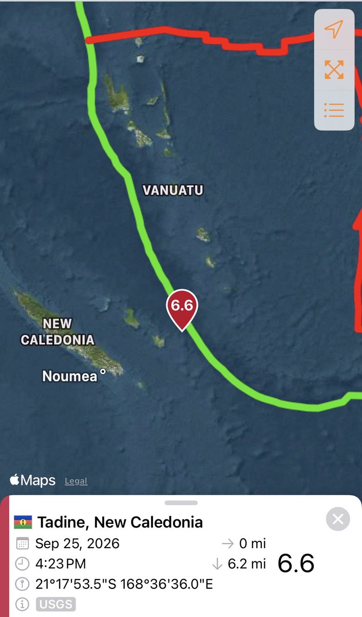 SeismoTracker's tweet photo. #Earthquake Breaking News 

A magnitude 6.6 earthquake has struck 80 Km / 49.7  Mi ENE of Tadine, #NewCaledonia  

Magnitude: 6.6 
Epicenter Location: 21.298°S 168.610°E

Time: 2026-09-25 21:23:03 (UTC
Depth: 10.0 Km ( 6.2 Mi) 
Intensity: VI https://t.co/i0OGaiDkFG