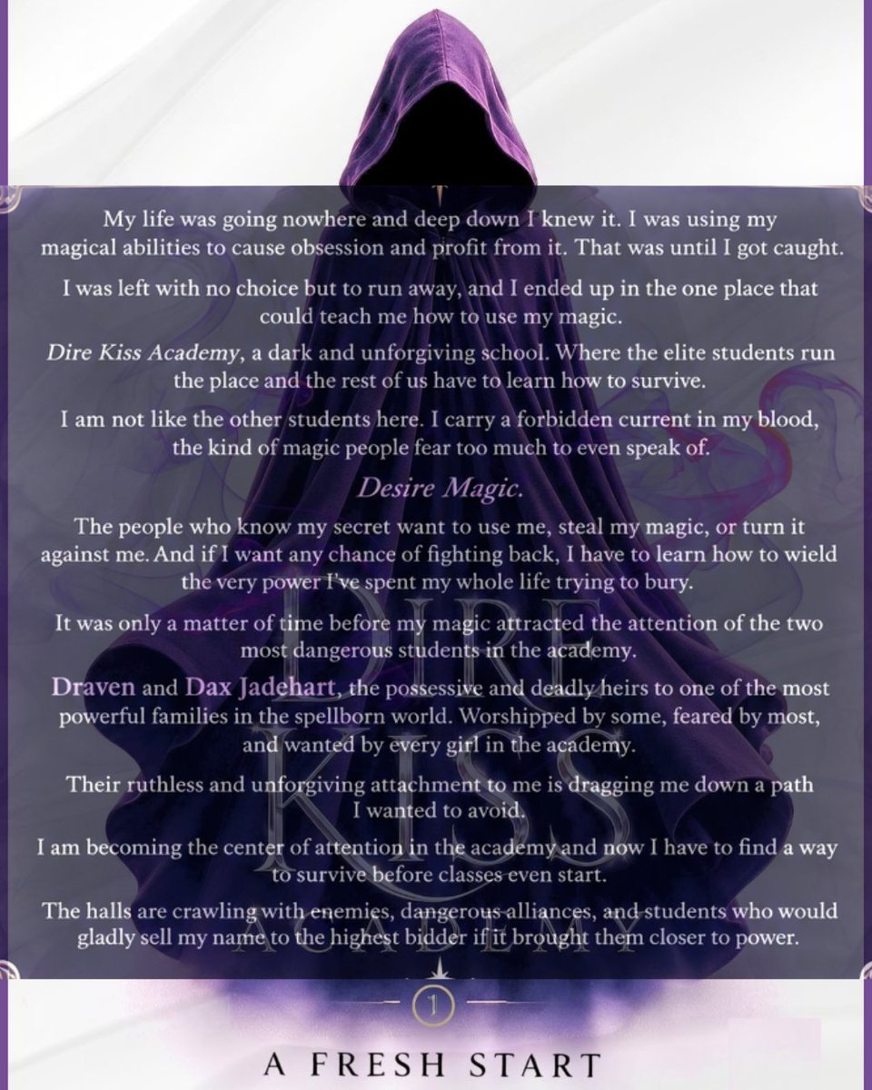 Darkromanceara's tweet photo. ⭐⭐⭐⭐🌙 
#DireKissAcademy #AFreshStart 1
@sarahbellucciauthor

Giselle and Draven and Dax Jadehart:
Dark academia, bully romance, real enemies-to-lovers, vampires, werewolves, forbidden magic, secrets, betrayals, and SO many suspicious people. #fantasy #books #cliffhanger https://t.co/zblrefFoXS