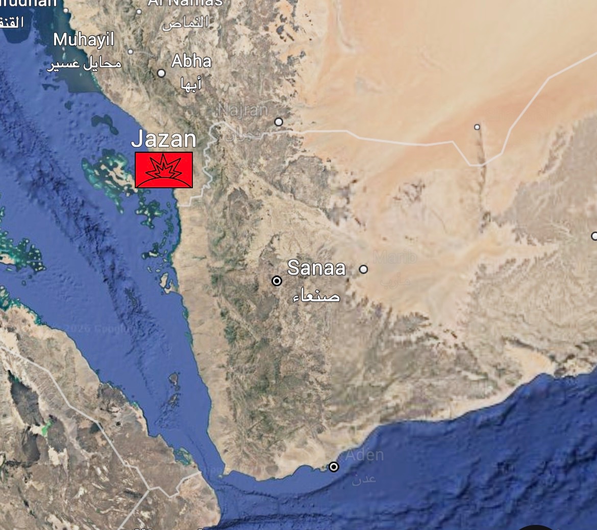 Houthi ballistic missile attack on Jazan, Saudi Arabia. Explosions reported.
