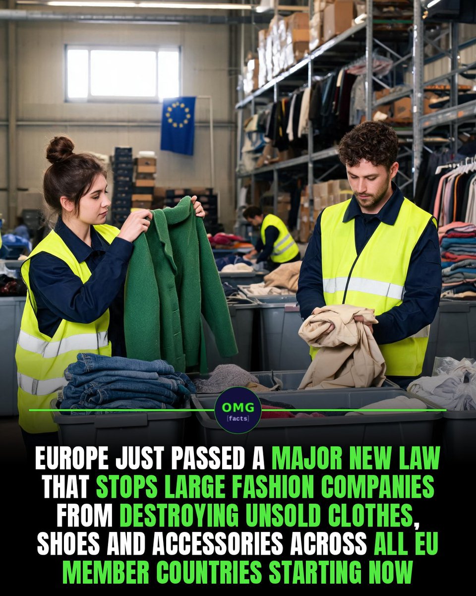 RosanneYantzer's tweet photo. The EU is banning large fashion brands from destroying unsold apparel, footwear, accessories, and wearable returns. Instead, brands must donate, resell, or recycle them—and disclose what they discard. A major shift toward circular fashion. https://t.co/5JDkm0LD5V