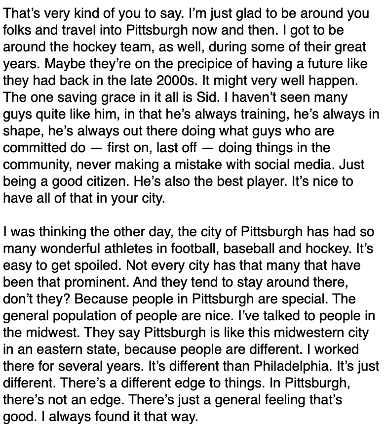 JMackey_PGH's tweet photo. Always a pleasure to catch up with the great Doc Emrick, who's here in Detroit. Told him we're proud to call him a Pirates fan and sort of an honorary Yinzer.

His response was typical Doc. https://t.co/oaYGs4Hwmj
