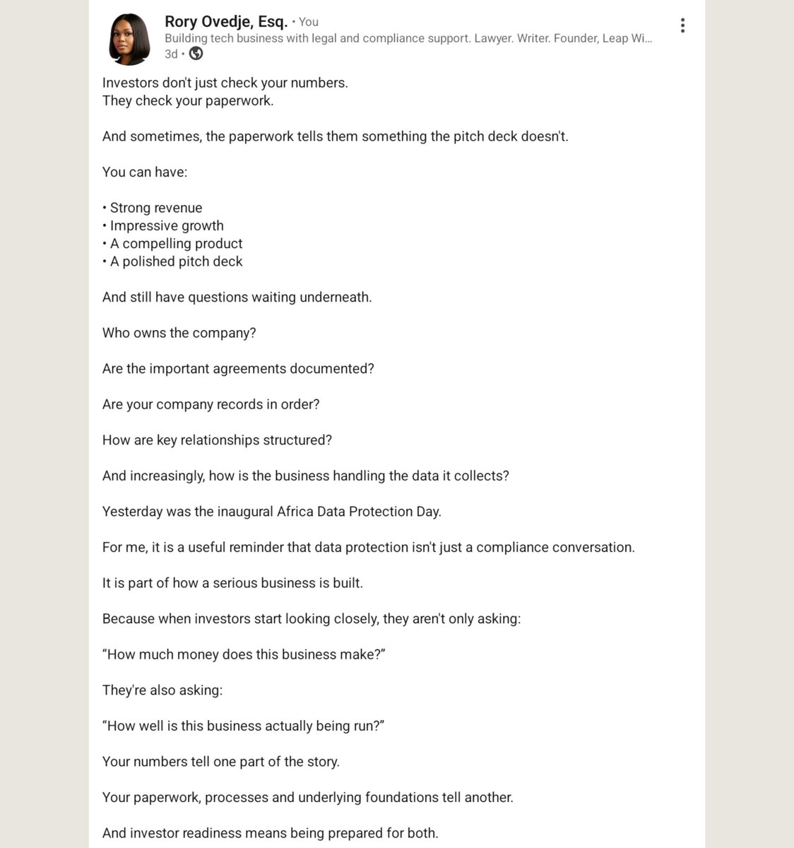 ovedjerory's tweet photo. This week's Notes on Investor Readiness.

Don't just prepare to raise money. Prepare to have the company examined.

#LeapWiseLP #InvestorReadiness #StartupFounders #AfricanStartups #StartupLaw #Fundraising #LegalReadiness #IAmALeapWiser #TechLaw

Link in comments. https://t.co/r6X4QFp0OI