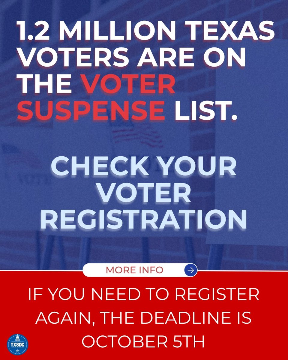 BorrisLMiles's tweet photo. Are you registered to vote? 1.2 MILLION Texans are on the voter suspense list!

Visit https://t.co/IBLvRrs94r to check your voter registration status and learn how to register to vote.

Remember, the upcoming election is VERY IMPORTANT because it will determine the direction of our nation, state, and county. Make sure your voice is heard! Check your voter registration and be ready to VOTE!
#txlege #hounews #SD13
