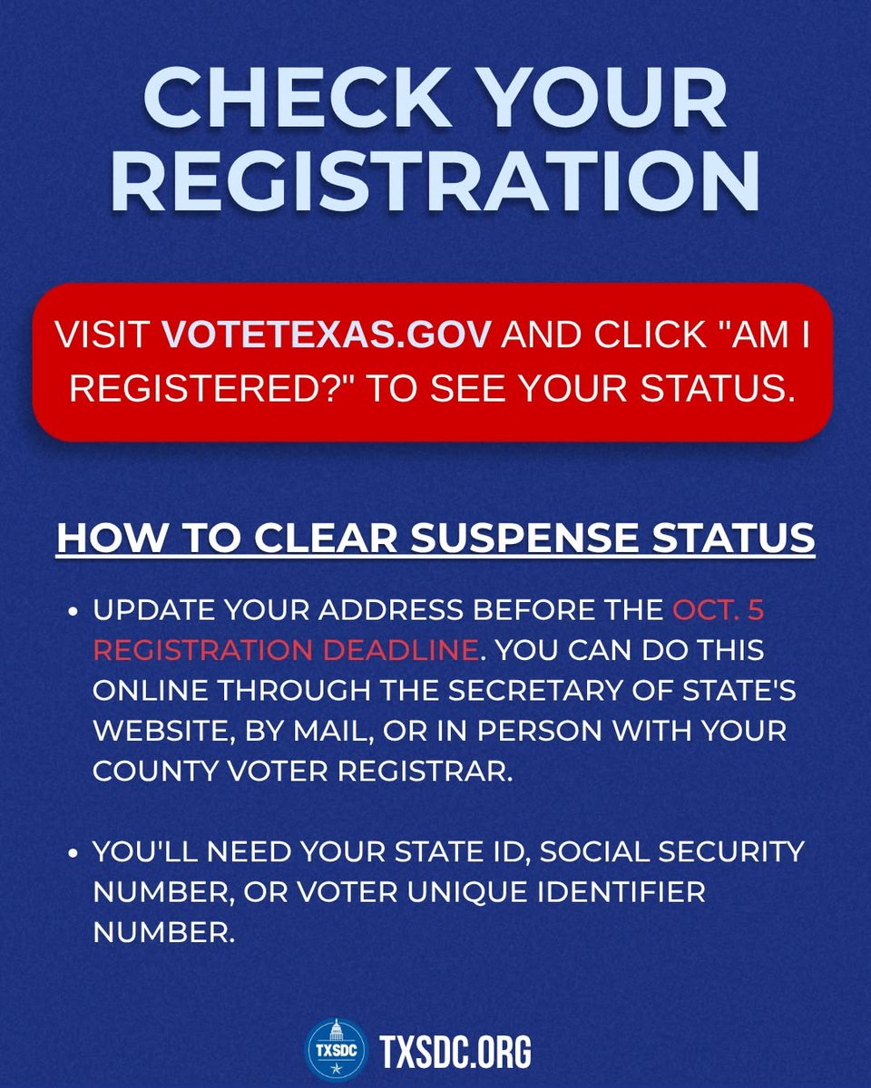 BorrisLMiles's tweet photo. Are you registered to vote? 1.2 MILLION Texans are on the voter suspense list!

Visit https://t.co/IBLvRrs94r to check your voter registration status and learn how to register to vote.

Remember, the upcoming election is VERY IMPORTANT because it will determine the direction of our nation, state, and county. Make sure your voice is heard! Check your voter registration and be ready to VOTE!
#txlege #hounews #SD13