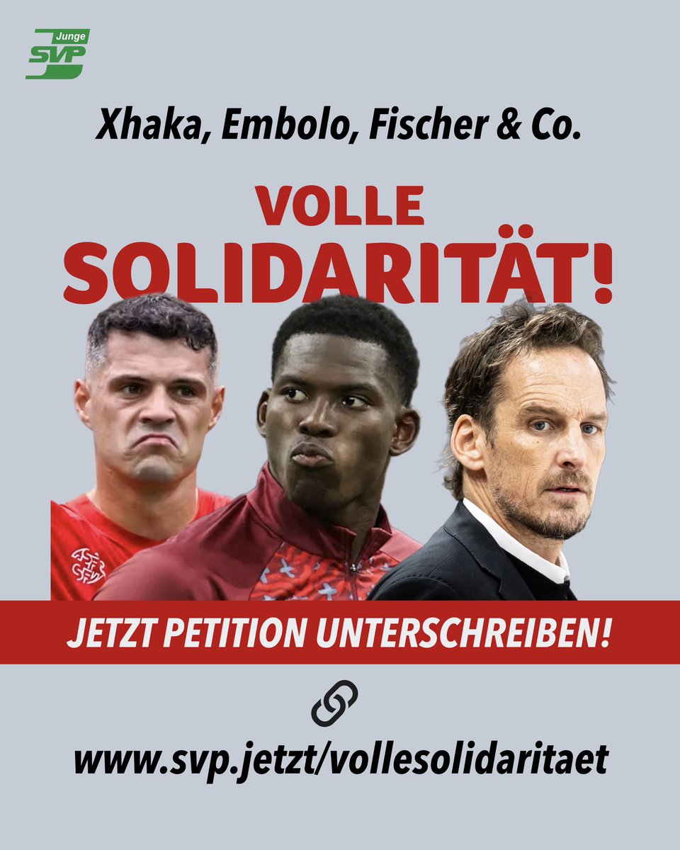 Xhaka, Embolo, Fischer & Co. Volle Solidarität!

Wir fordern volle Solidarität und Straffreiheit für alle Personen, die sich genötigt sahen, während der Covid-Zertifikatspflicht Impfbestätigungen zu erwerben!

Petition unterschreiben: https://www.svp.jetzt/vollesolidaritaet 