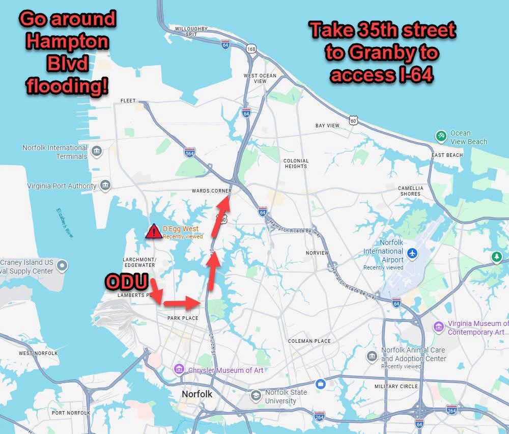 YinzerBBR02's tweet photo. To my #HamptonRoads Followers. 

If you're attending the @ODUFootball game Saturday, you'll likely run into #tidalflooding on Hampton Blvd after the game.

High tide Saturday evening is around 9 p.m.-10 p.m., which is when I assume the game will be over. Looking at @NorfolkVA 's TITAN system, which shows the impact of tidal flooding across the city, it shows Hampton Blvd will be covered with water.

To avoid the floodwaters, if you look at @googlemaps , you can take 38th Street over to Granby Street. That'll still allow you to go north on Granby and access I-64 that way.

@waze  is also a good app to use because it'll try to route you around the flooding.

Thanks to @wxmanricky for this information. 

#VAwx #wxtwitter #wx #JMUvsODU #ODUFootball #Norfolk #noreaster