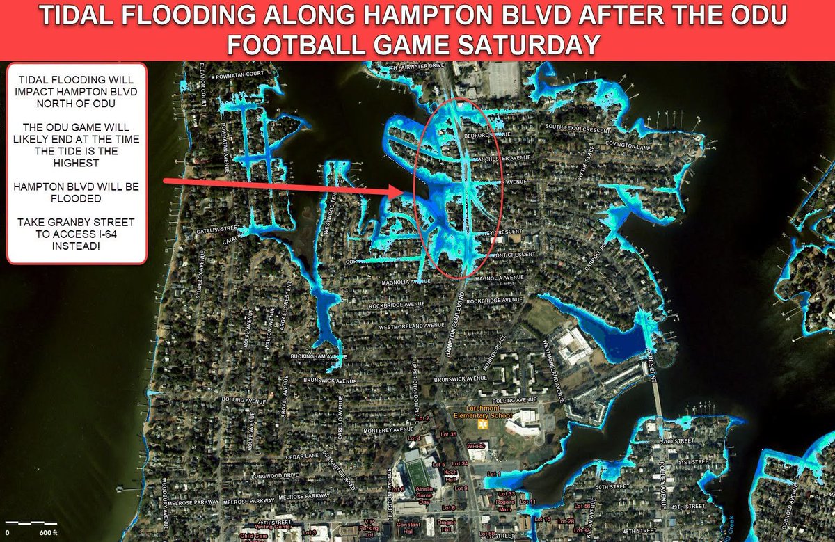 YinzerBBR02's tweet photo. To my #HamptonRoads Followers. 

If you're attending the @ODUFootball game Saturday, you'll likely run into #tidalflooding on Hampton Blvd after the game.

High tide Saturday evening is around 9 p.m.-10 p.m., which is when I assume the game will be over. Looking at @NorfolkVA 's TITAN system, which shows the impact of tidal flooding across the city, it shows Hampton Blvd will be covered with water.

To avoid the floodwaters, if you look at @googlemaps , you can take 38th Street over to Granby Street. That'll still allow you to go north on Granby and access I-64 that way.

@waze  is also a good app to use because it'll try to route you around the flooding.

Thanks to @wxmanricky for this information. 

#VAwx #wxtwitter #wx #JMUvsODU #ODUFootball #Norfolk #noreaster